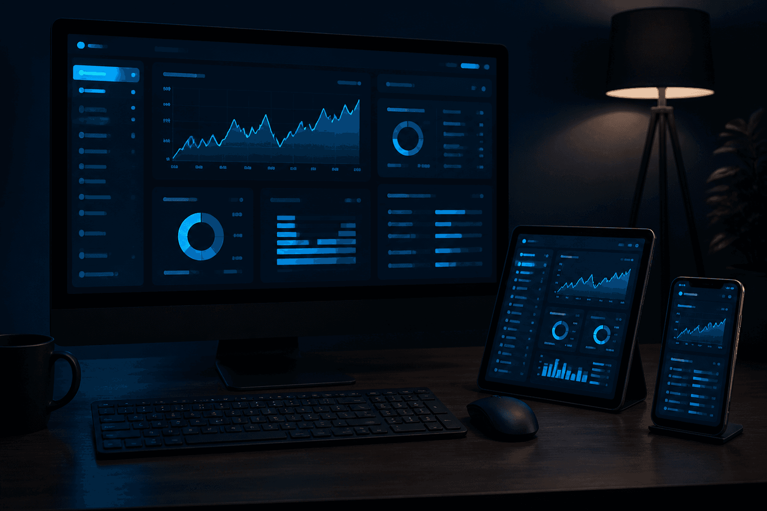 Desktop and back-office screens in a dark operations room